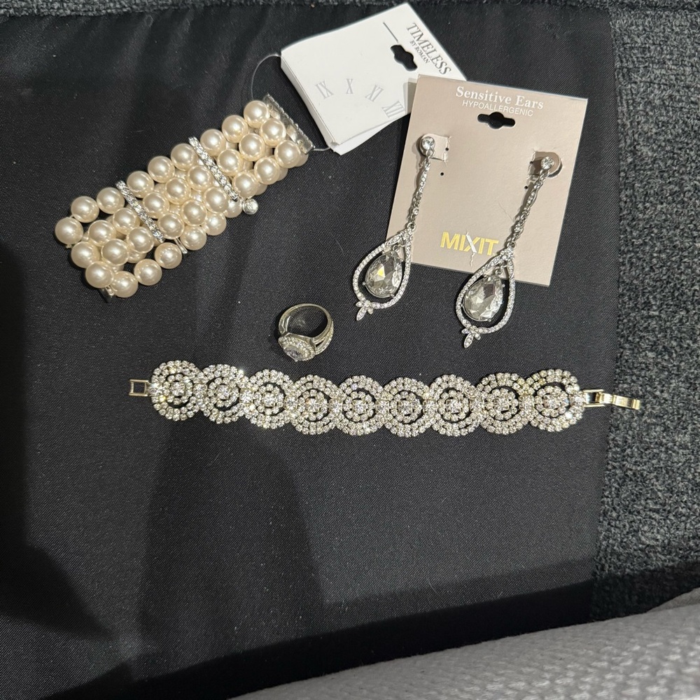 Pearl Stretch Cuff, Crystal Drop Earrings, Rhinestone Bracelet, & Ring Set